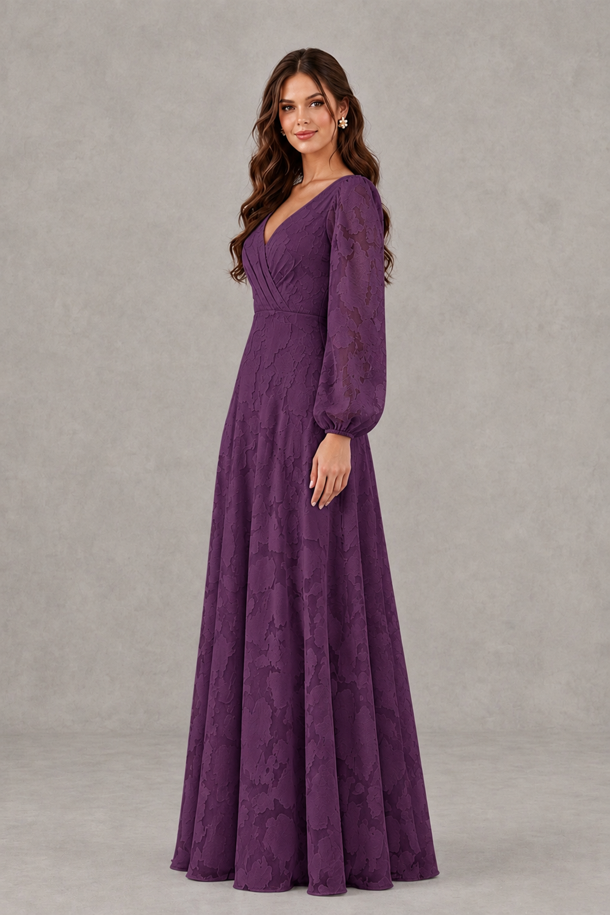 BOLODOO Plum Long Sleeve V-Neck A-Line Mother of the Bride Dress - Plum - Plum_3