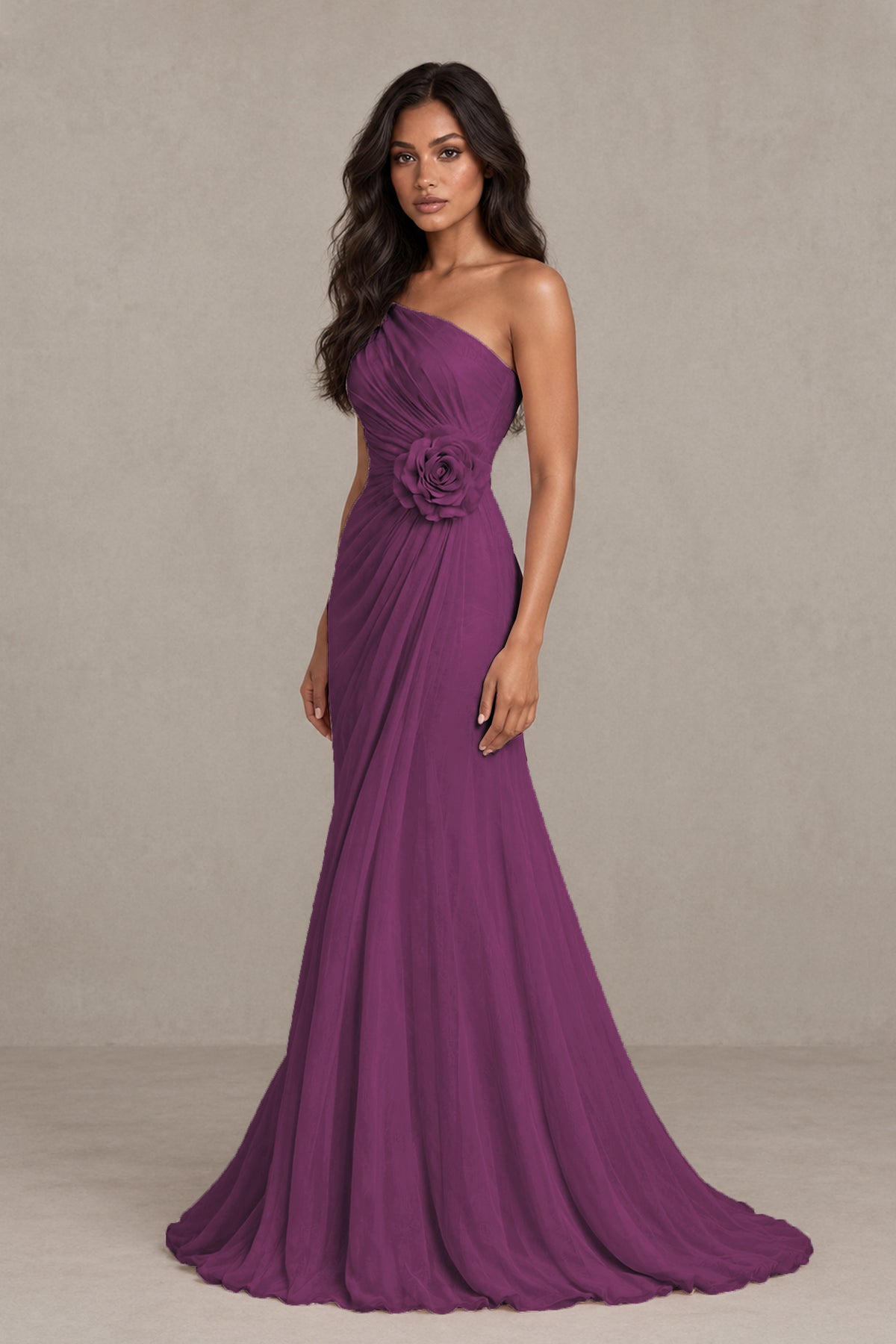 BOLODOO Plum One-Shoulder Floral Ruched Maxi Dress - Plum