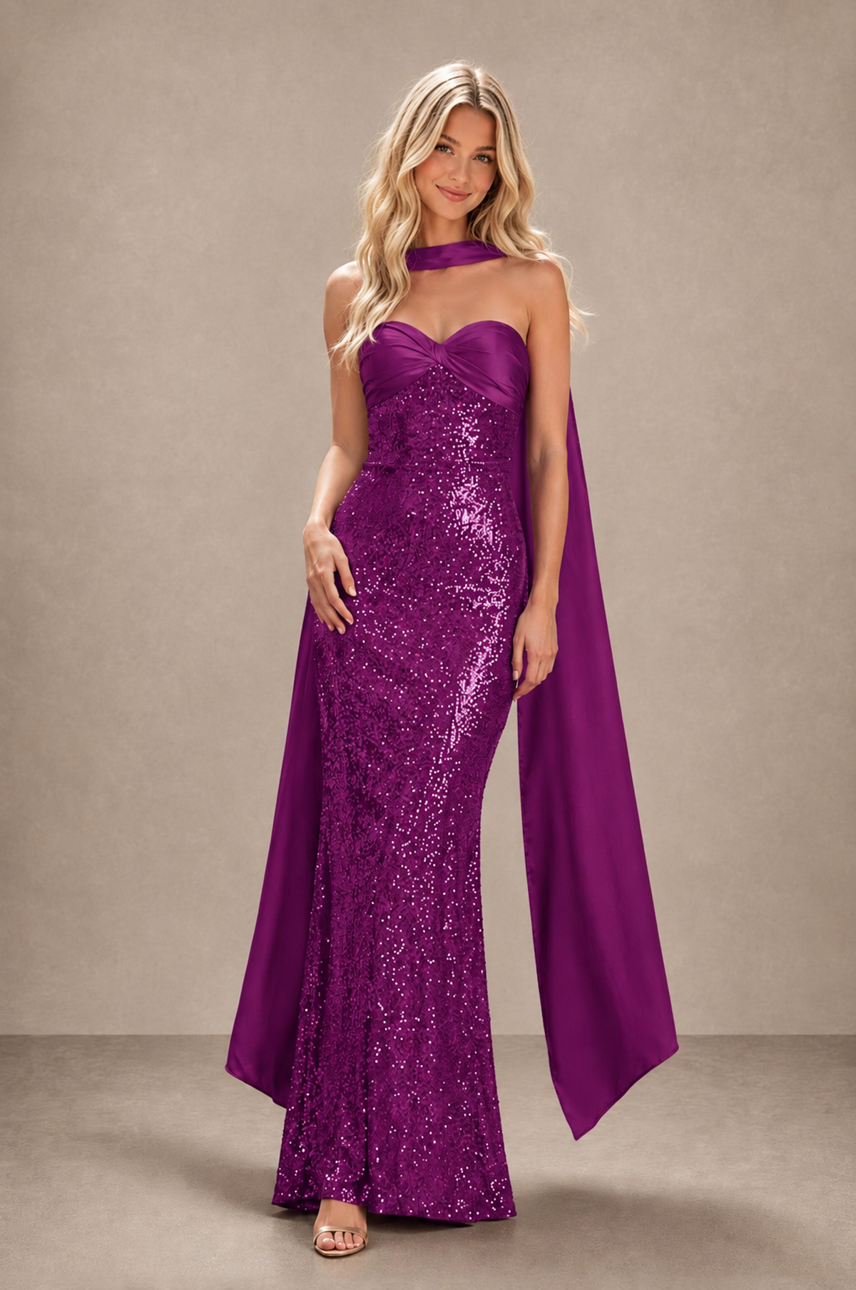 BOLODOO Plum Strapless Sweetheart Evening Dress with Scarf - Plum - Plum_3