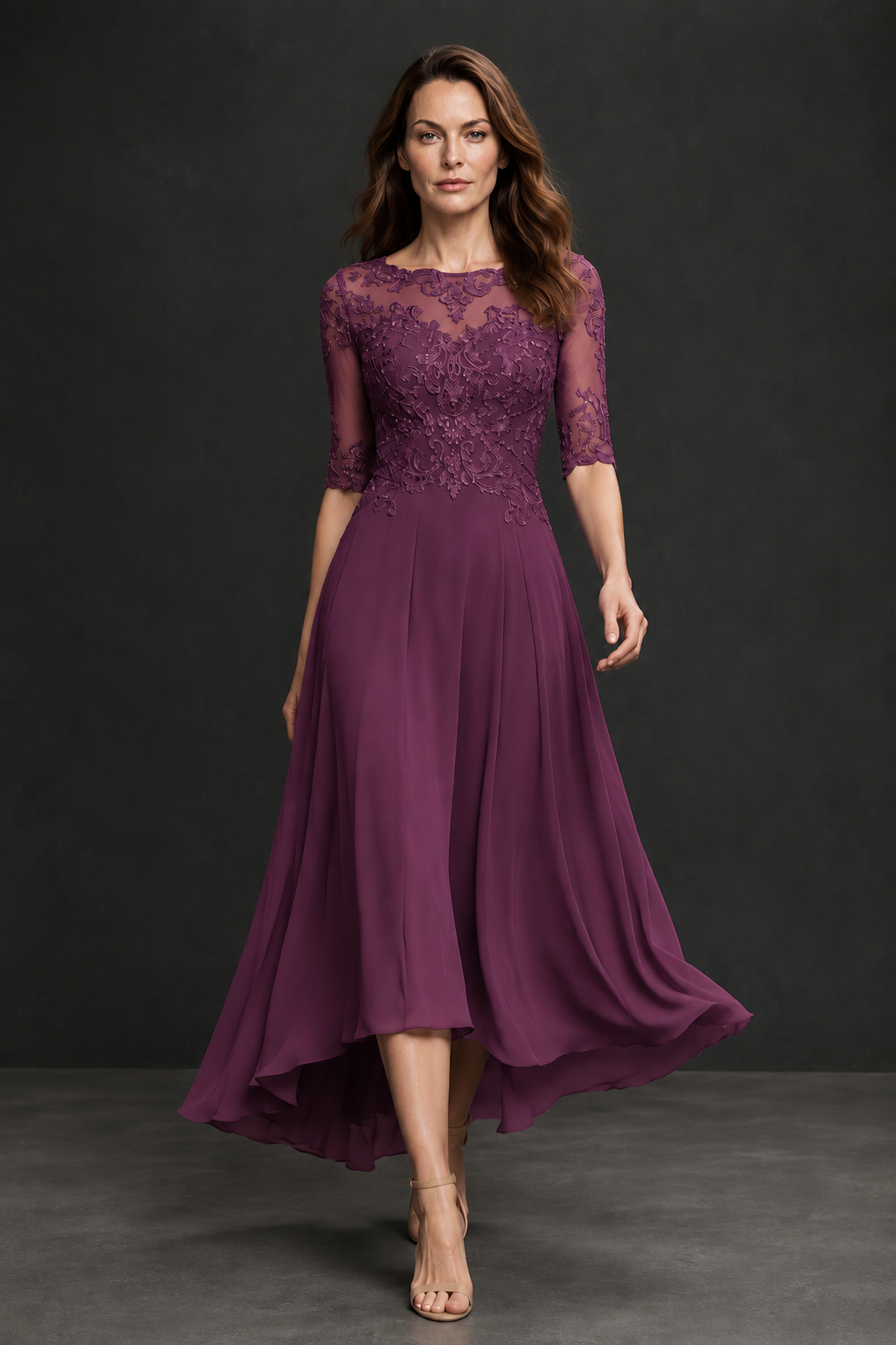 BOLODOO Plum Illusion Lace 3/4 Sleeve Hi-Lo Chiffon A-Line Dress | Mother of the Bride Tea Length Dress - Plum