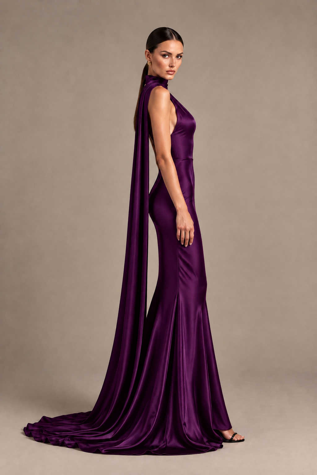 BOLODOO Plum One-Shoulder Satin Mermaid Evening Dress with Scarf - Plum - Plum_3