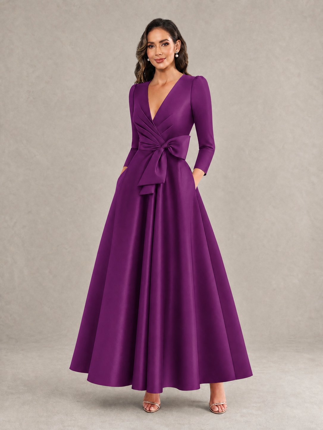 BOLODOO Plum Satin Deep V-Neck Wrap 3/4 Puff Sleeve A-Line Ball Gown Maxi Dress with Oversized Bow Belt - Plum