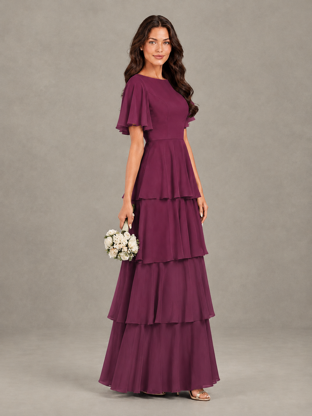 BOLODOO Plum Tiered Flutter Sleeve Bridesmaid Dress - Plum - Plum_3