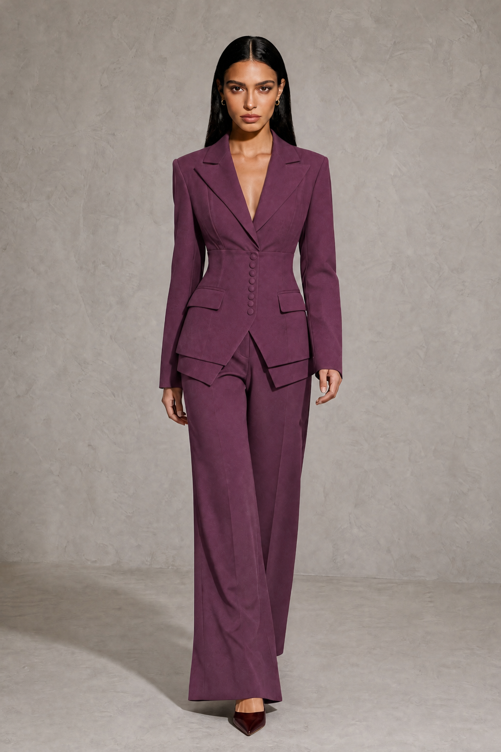BOLODOO Plum Cinched Waist Blazer and Wide Leg Pants Two Piece Suit Set - Plum
