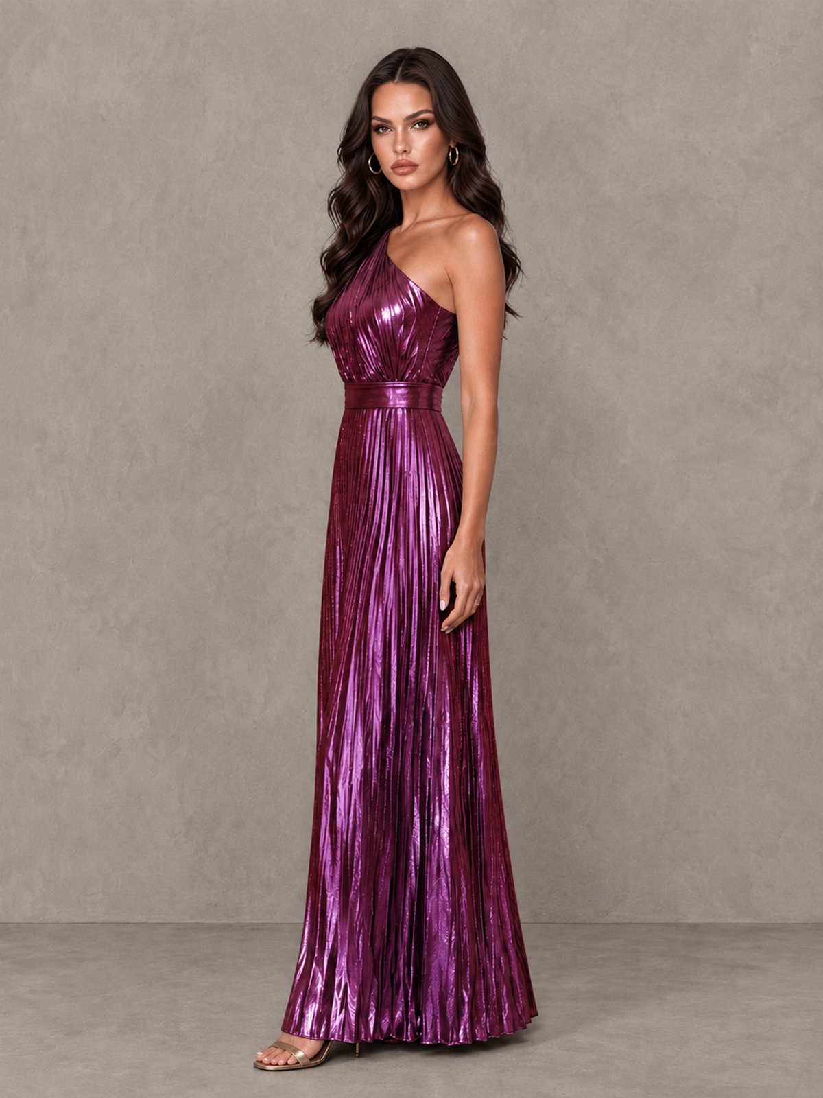 BOLODOO Plum One-Shoulder Metallic Pleated Wide-Leg Jumpsuit - Plum - Plum_3