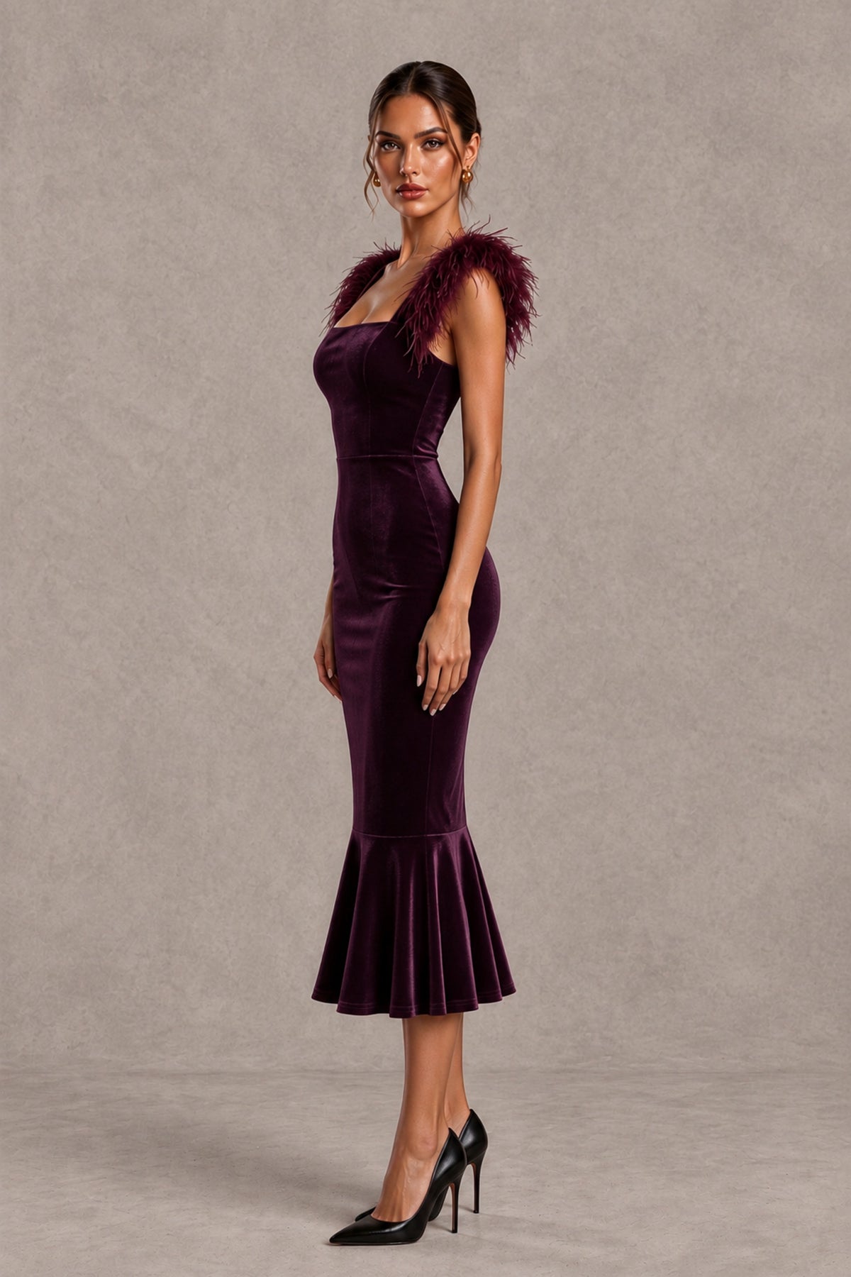 BOLODOO Plum Feather-Trim Velvet-Look Mermaid Midi Dress - Plum - Plum_3