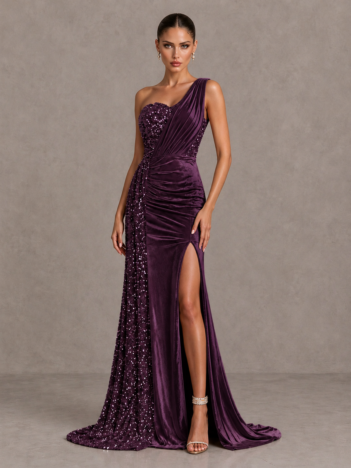 BOLODOO Plum One-Shoulder Satin Sequin Gown with High Slit - Plum - Plum_3