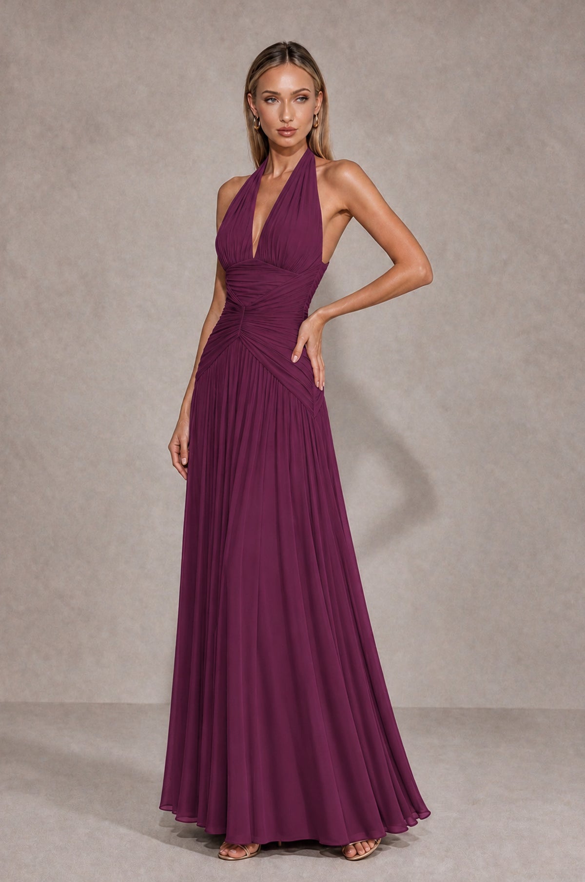 BOLODOO Plum Chiffon Halter Deep V-Neck Ruched A-Line Backless Maxi Dress with Train-BD0167 - Plum - Plum_3