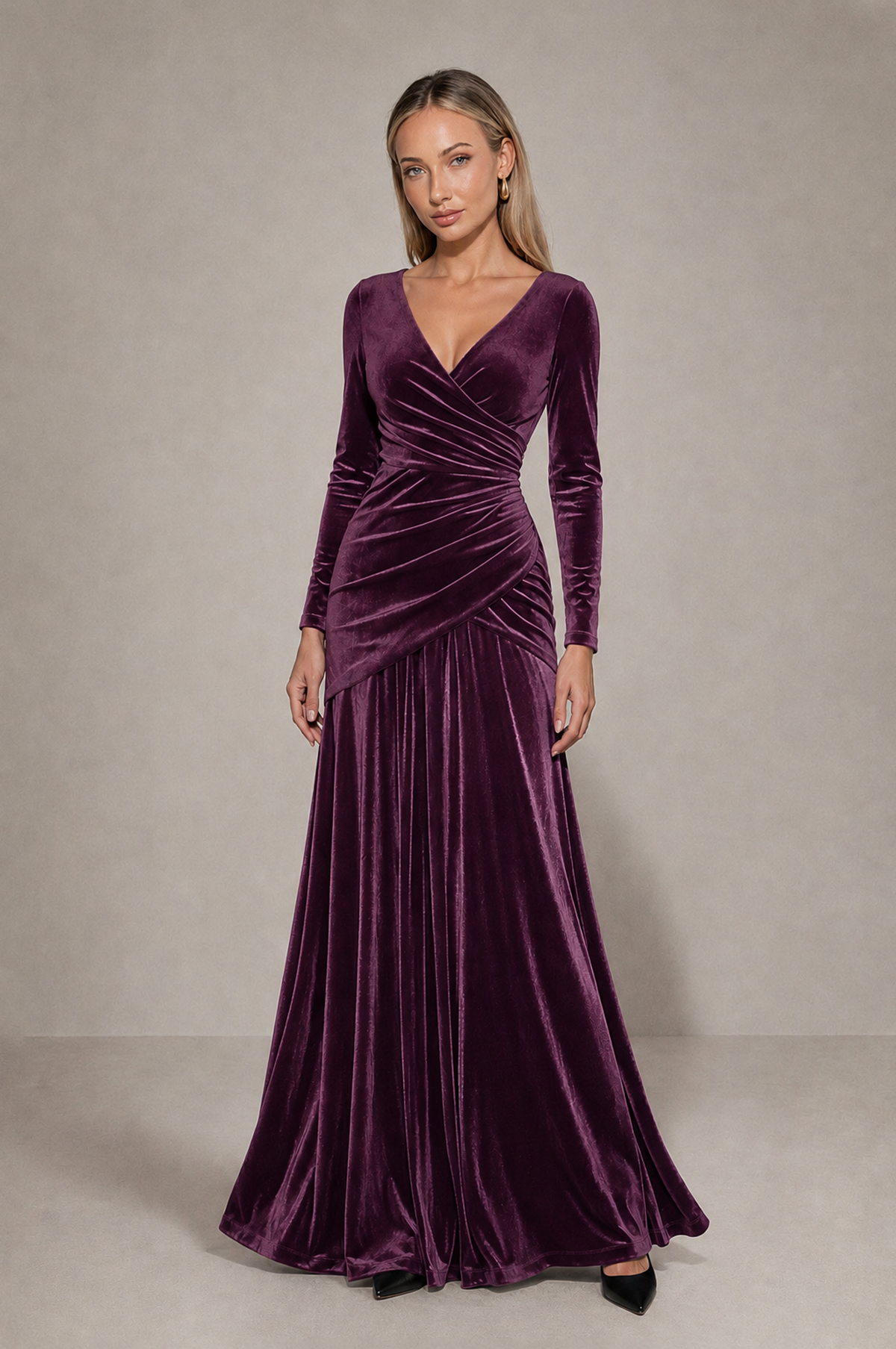 BOLODOO Plum Velvet Long Sleeve V-Neck Ruched Evening Dress - Plum - Plum_3