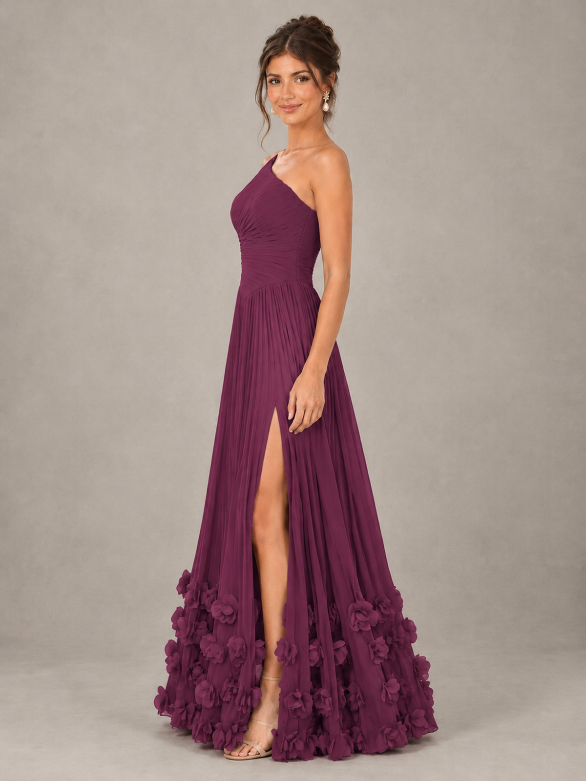 BOLODOO Plum One-Shoulder Pleated Bridesmaid Dress with 3D Floral Hem - Plum - Plum_3