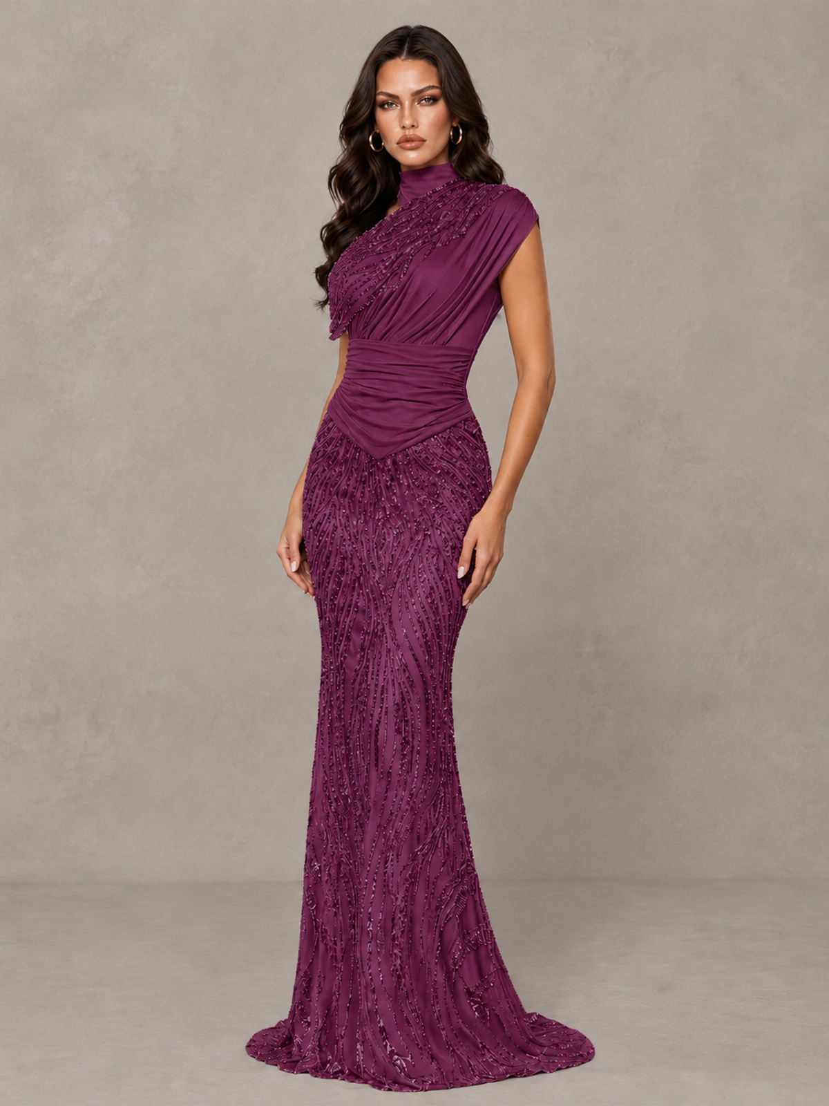 BOLODOO Plum High Neck Draped Sequin Mermaid Evening Gown - Plum - Plum_3