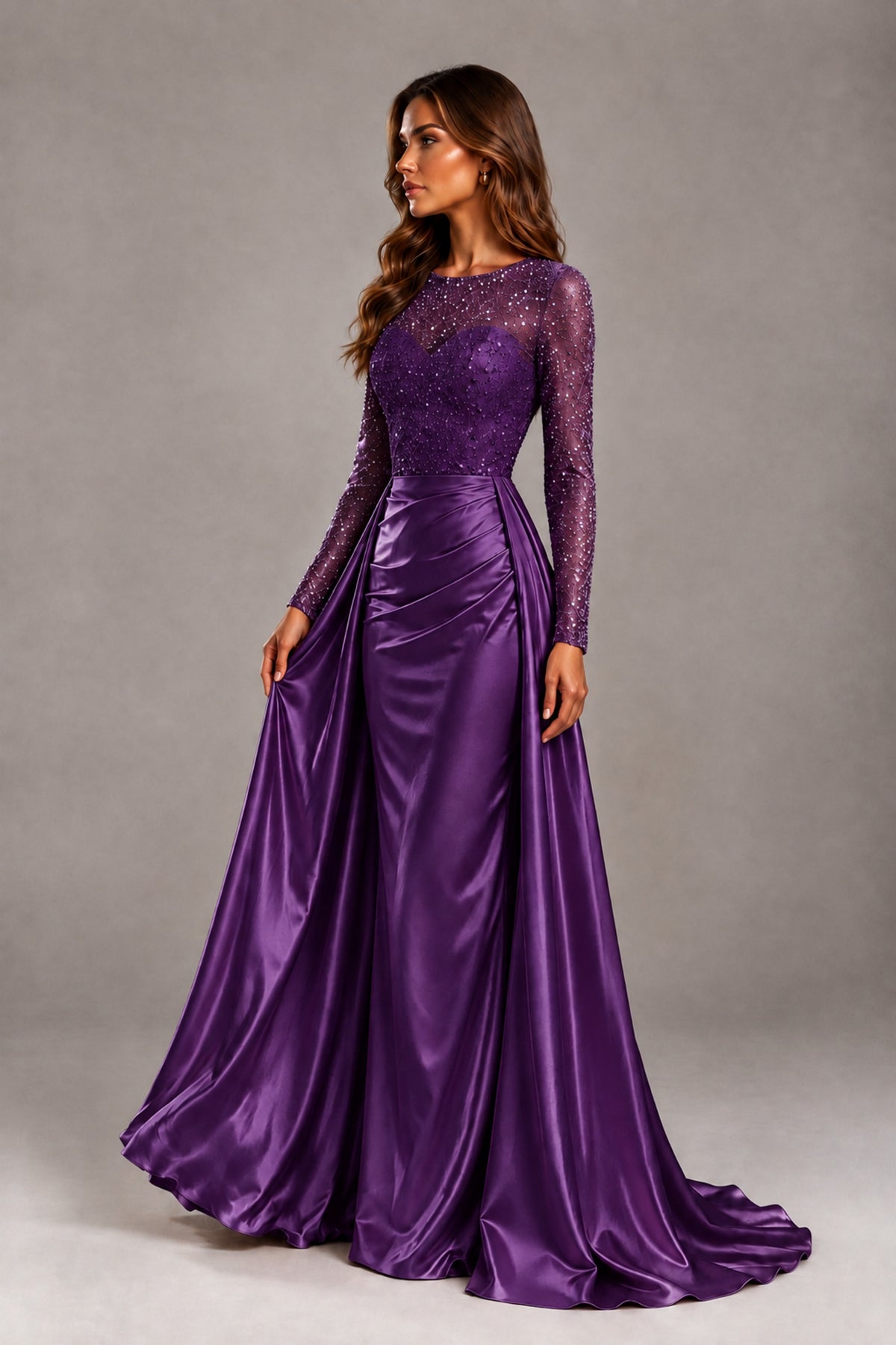 BOLODOO Plum Long Sleeve Embellished Satin Evening Gown with Sweep Train - Plum - Plum_3