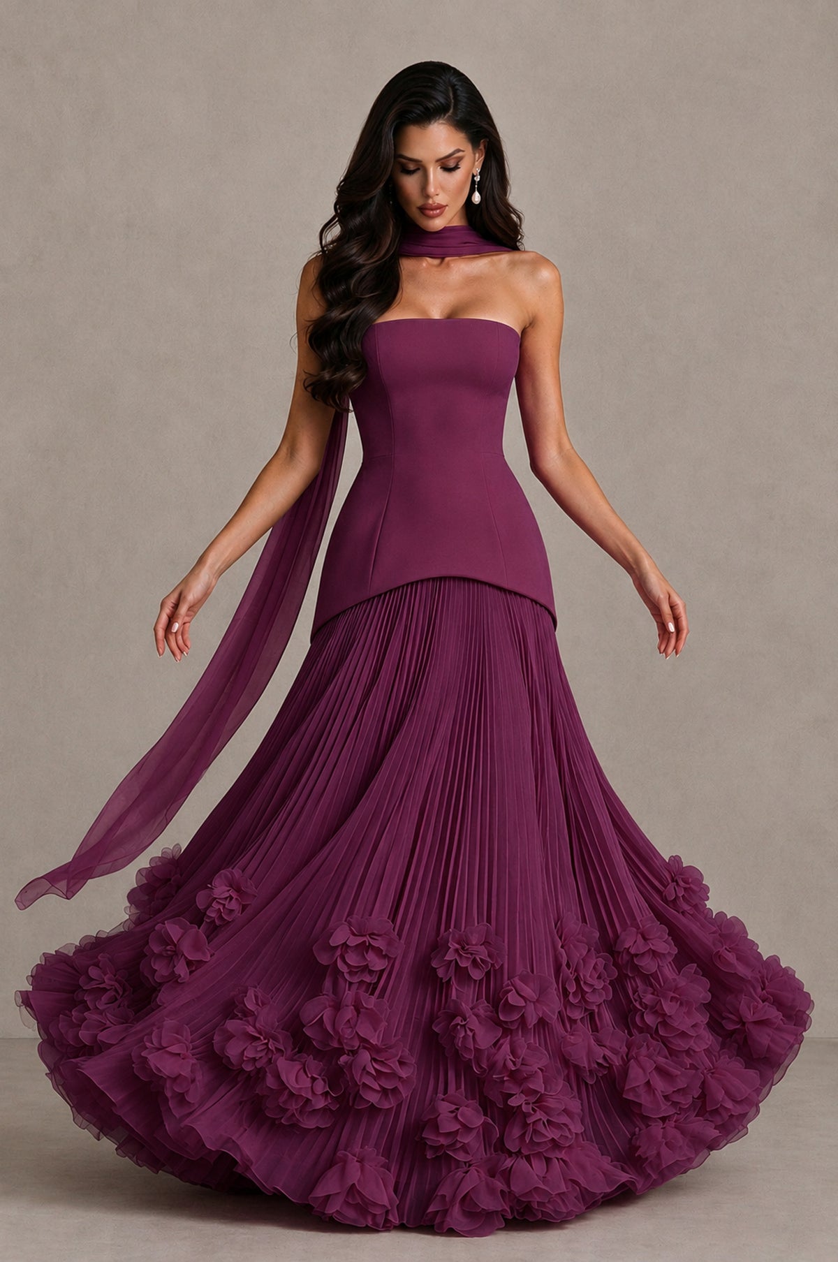 BOLODOO Plum Strapless Pleated Floral Hem Evening Gown - Plum - Plum_3