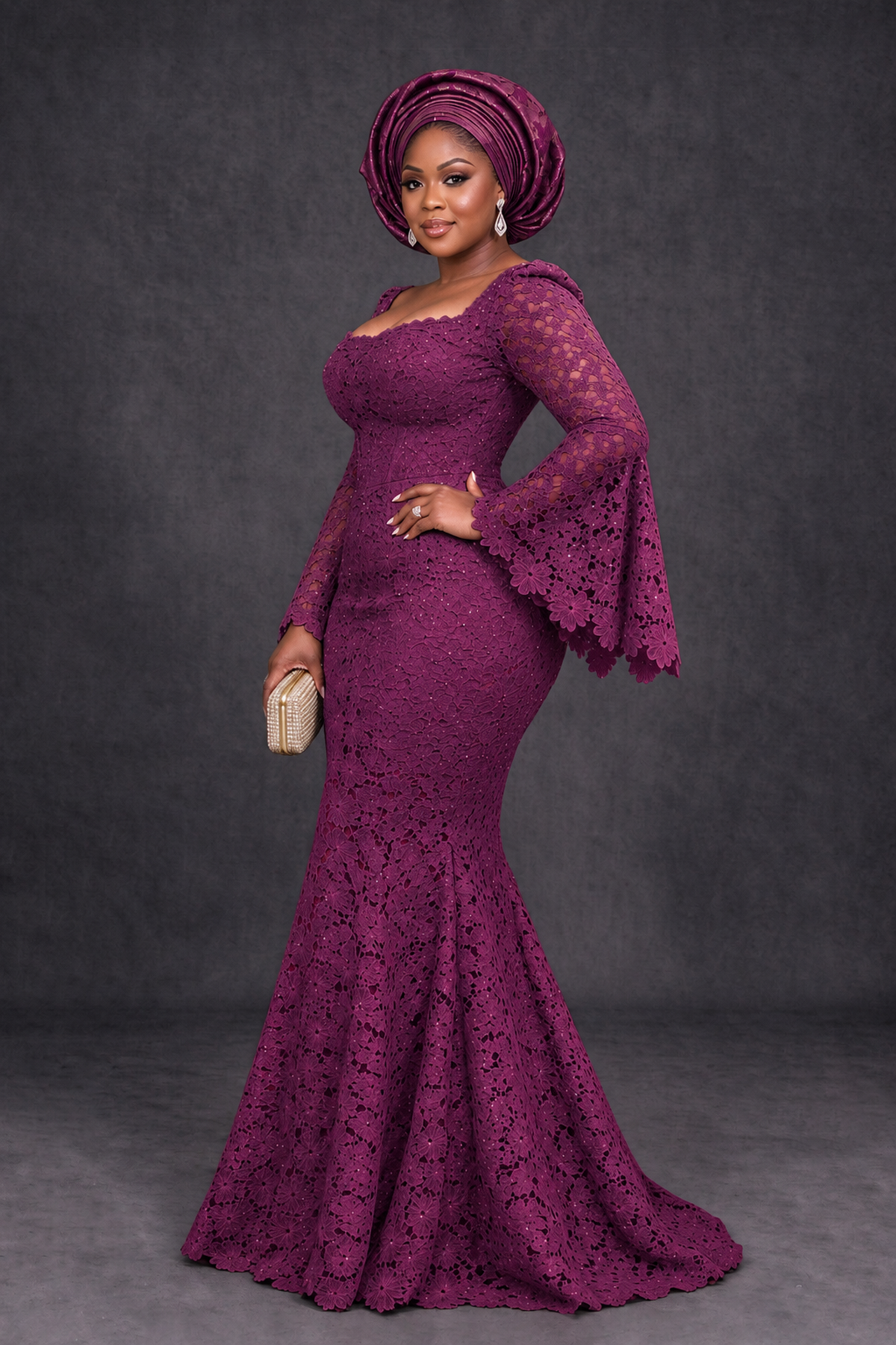 BOLODOO Plum African Lace Mermaid Dress, Plus Size Nigerian Wedding Guest Gown with Bell Sleeves - Plum - Plum_3