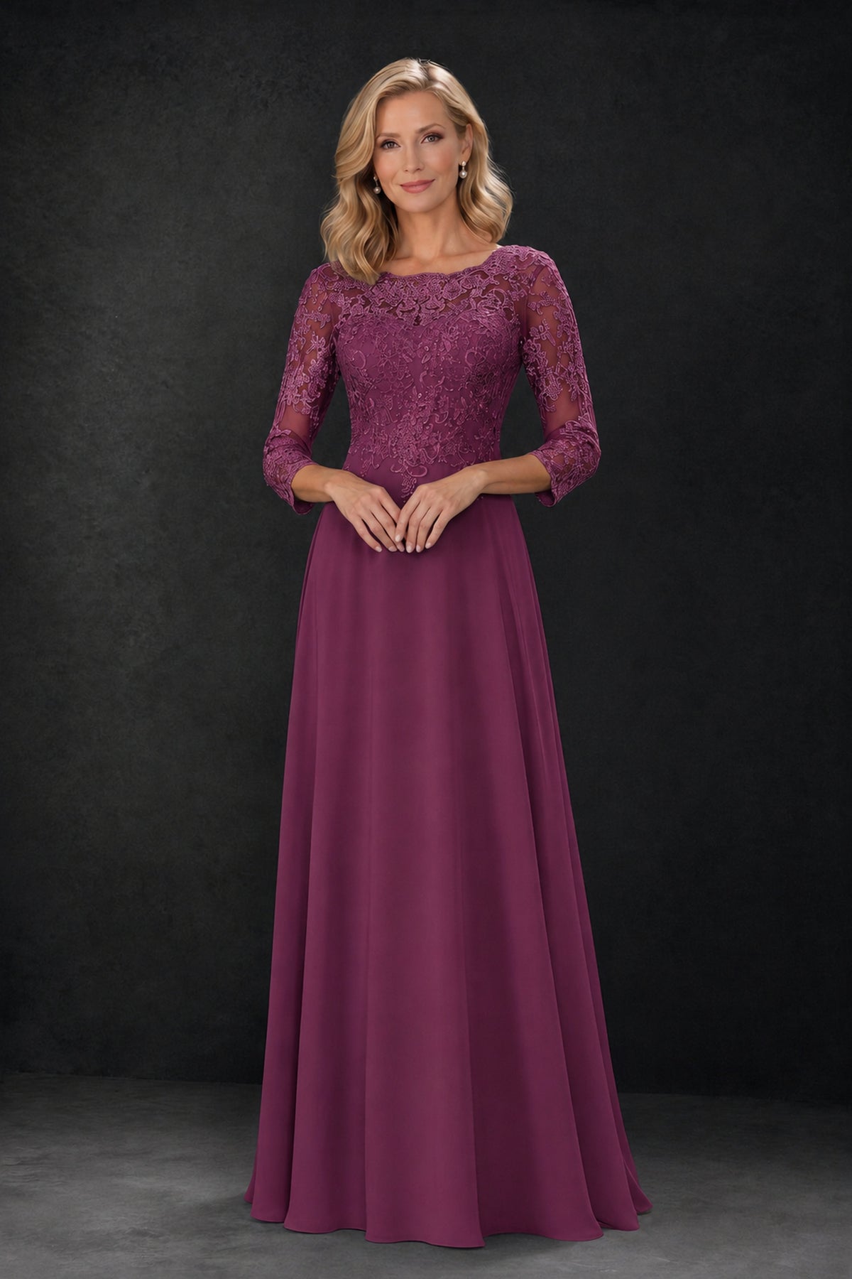BOLODOO Plum Lace Embroidered Mother of the Bride Dress with 3/4 Sleeves - Plum