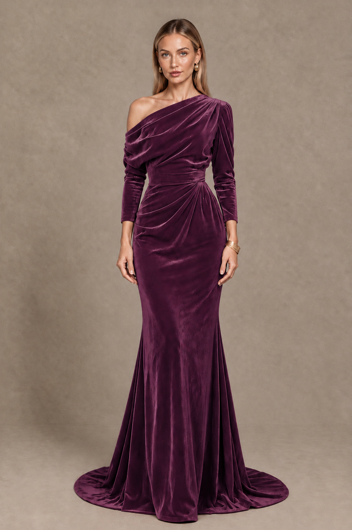 BOLODOO Plum Velvet Asymmetric Neck Mermaid Evening Dress - Plum - Plum_3