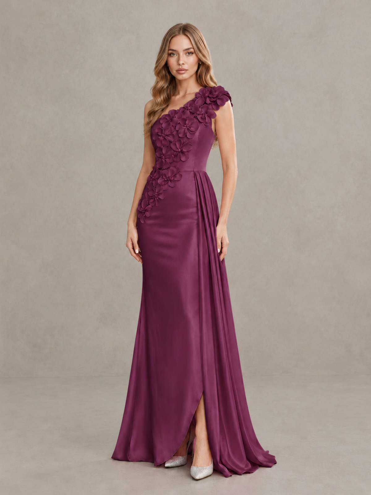 BOLODOO Plum One-Shoulder Satin Mermaid Evening Gown with 3D Floral Appliqué - Plum - Plum_3
