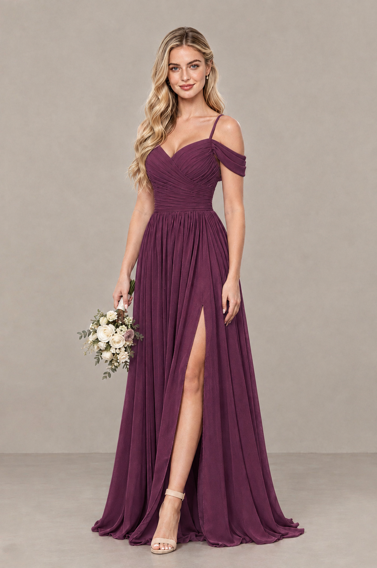 BOLODOO Plum Off-Shoulder Bridesmaid Dress with Slit - Plum