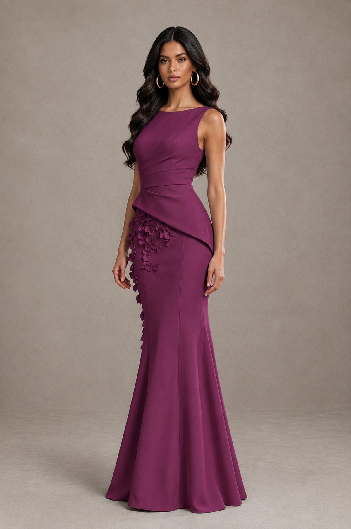 BOLODOO Plum Bateau Neck Sleeveless Asymmetric Peplum 3D Petal Appliqué Mermaid Gown BD0421 - Plum - Plum_3