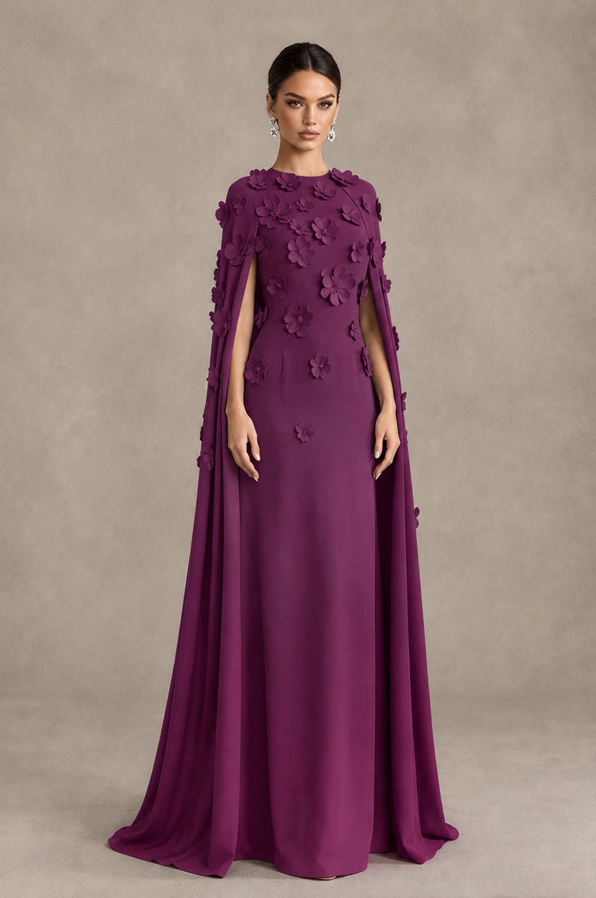 BOLODOO Plum 3D Floral Applique Cape Formal Dress - Plum - Plum_3
