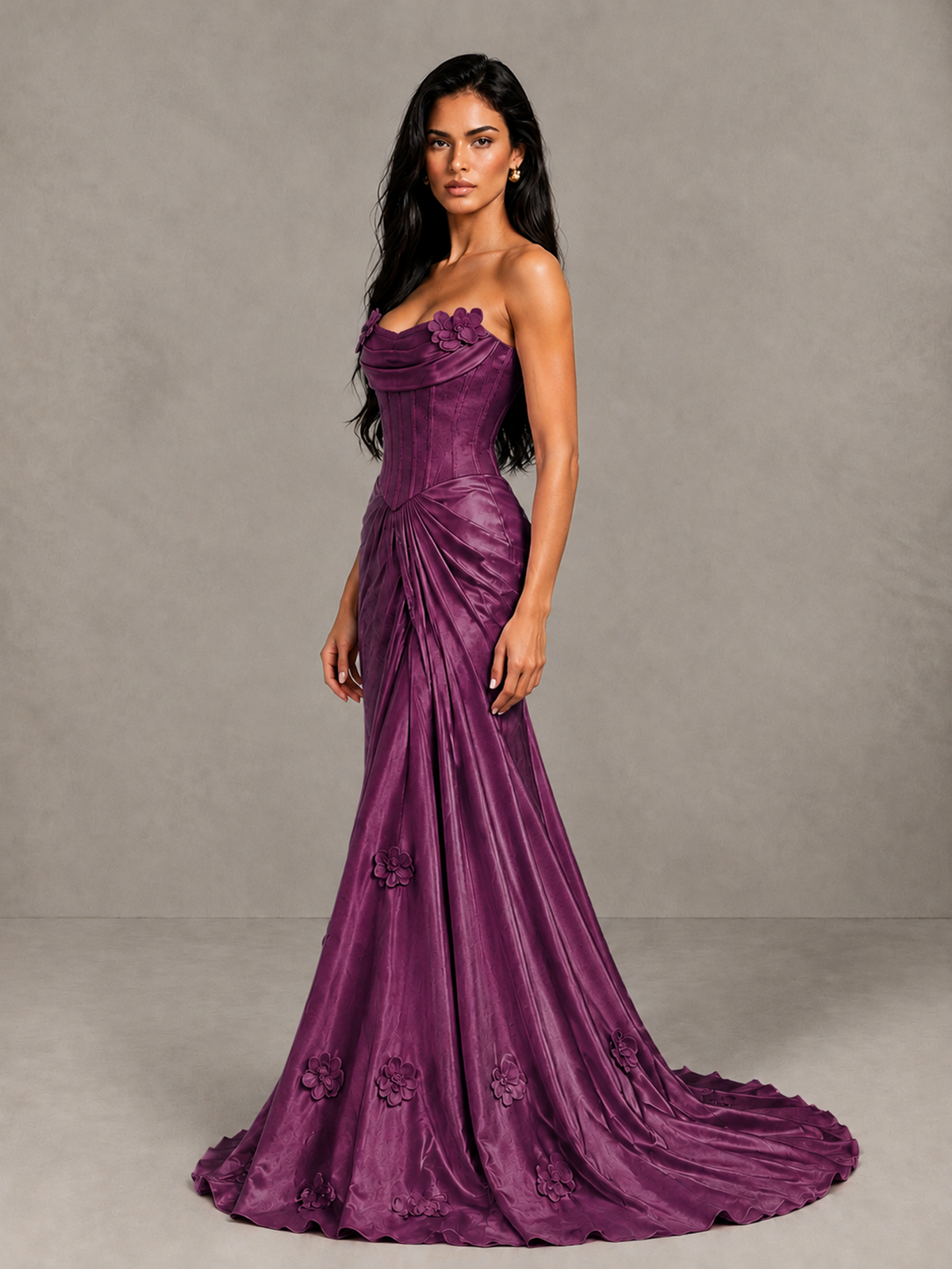 BOLODOO Plum Strapless Floral Corset Evening Gown with Train - Plum - Plum_3