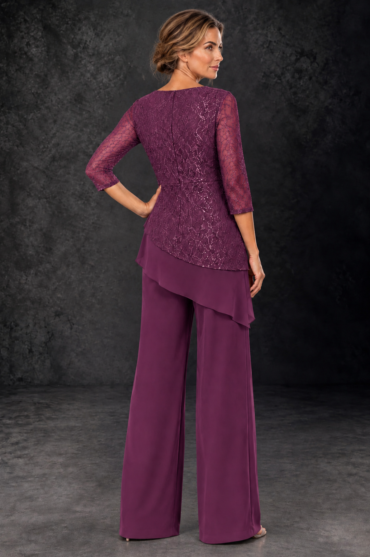 BOLODOO Plum Sequin Lace 3/4 Sleeve Chiffon Mother of the Bride Pant Suit - Plum - Plum_3