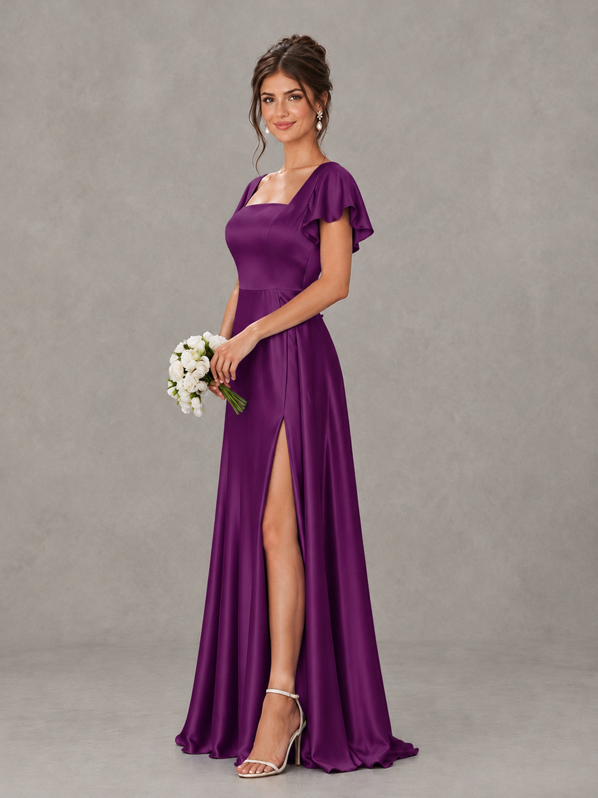 BOLODOO Plum Satin Square Neck Flutter Sleeve A-Line Bridesmaid Dress with Slit - Plum - Plum_3