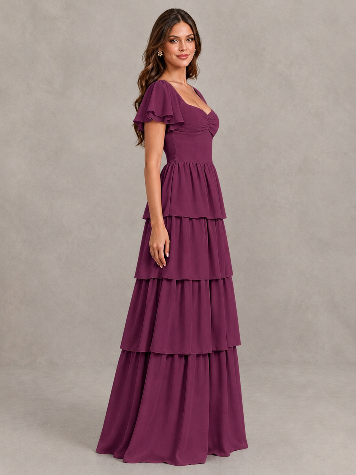 BOLODOO Plum Flutter Sleeve Tiered Maxi Bridesmaid Dress - Plum - Plum_3