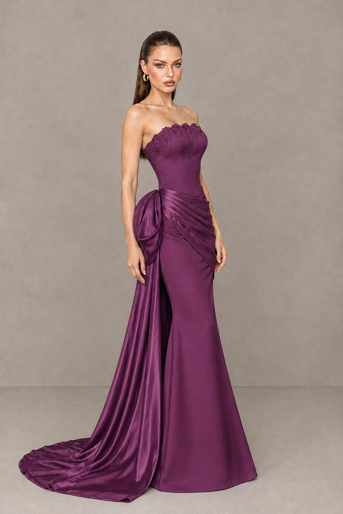 BOLODOO Plum Strapless Satin Prom Dress with Draped Side Train - Plum - Plum_3