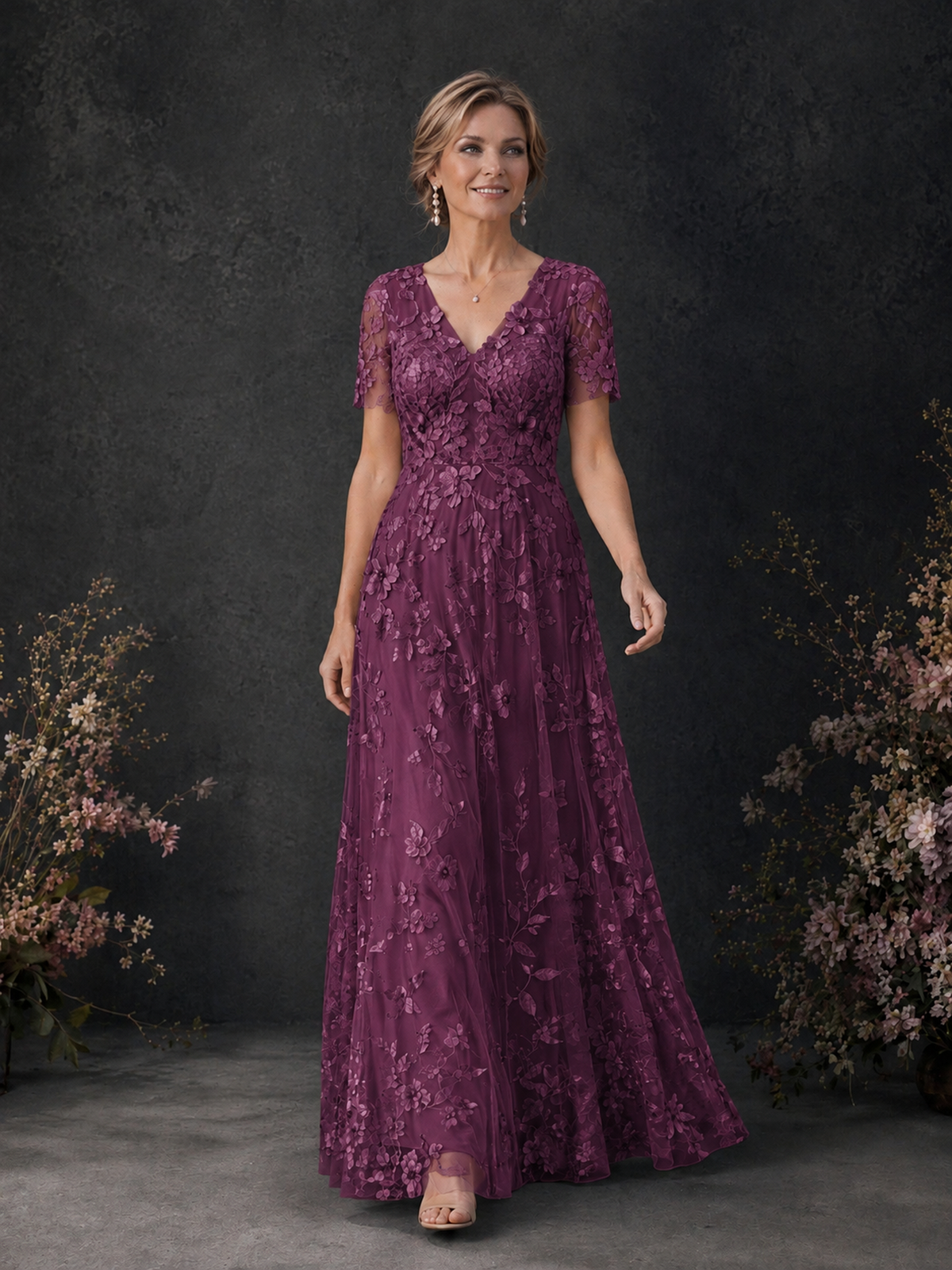 BOLODOO Plum 3D Floral Embroidered Lace V-Neck Short Sleeve A-Line Maxi Dress - Plum