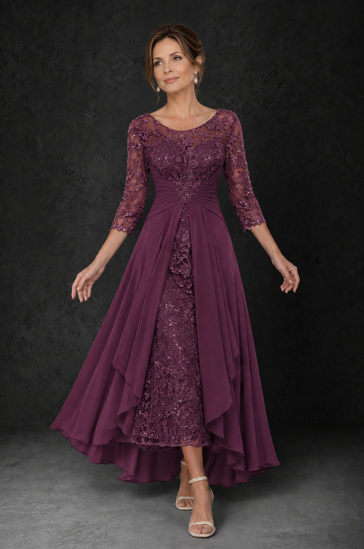 BOLODOO Plum Sequin Lace & Chiffon Tea-Length Mother of the Bride Dress with 3/4 Sleeves - Plum