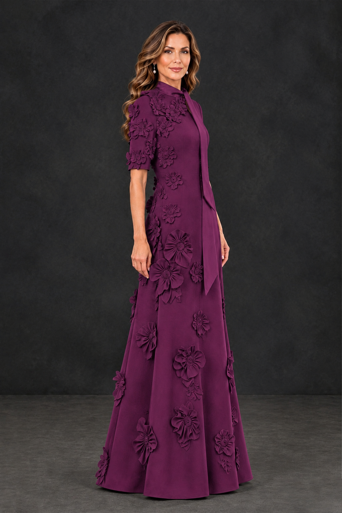 BOLODOO Plum Floral Applique High-Neck Half-Sleeve Gown - Plum - Plum_3