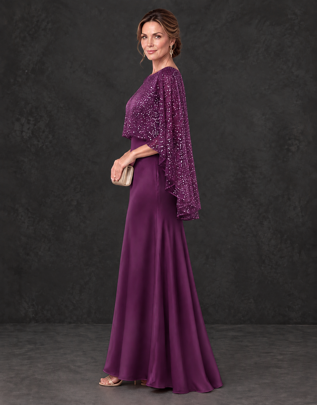 BOLODOO Plum Sparkle Cape Sleeve Mother of the Bride Dress - Plum - Plum_3
