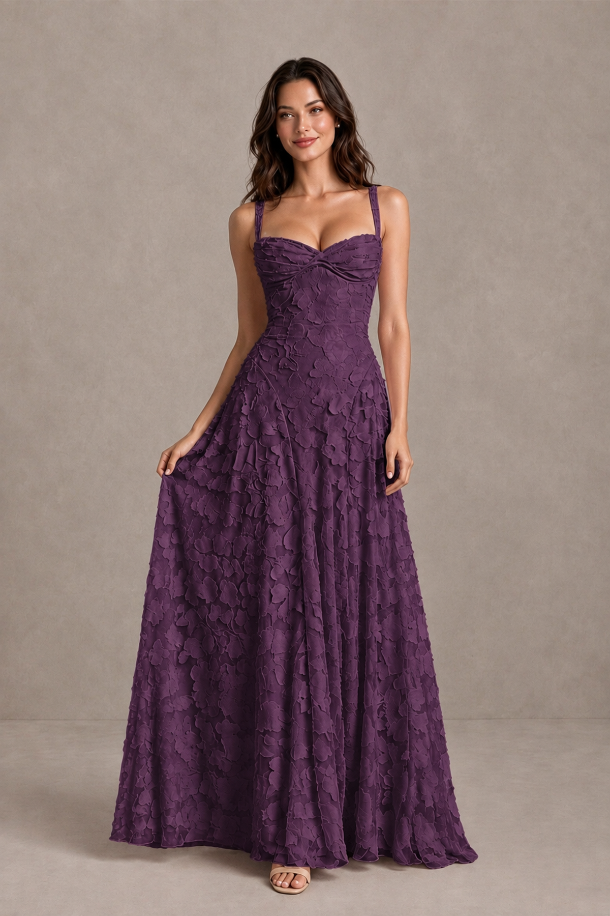 BOLODOO Plum Floral-Textured A-Line Dress with Lace-Up Back - Plum - Plum_3