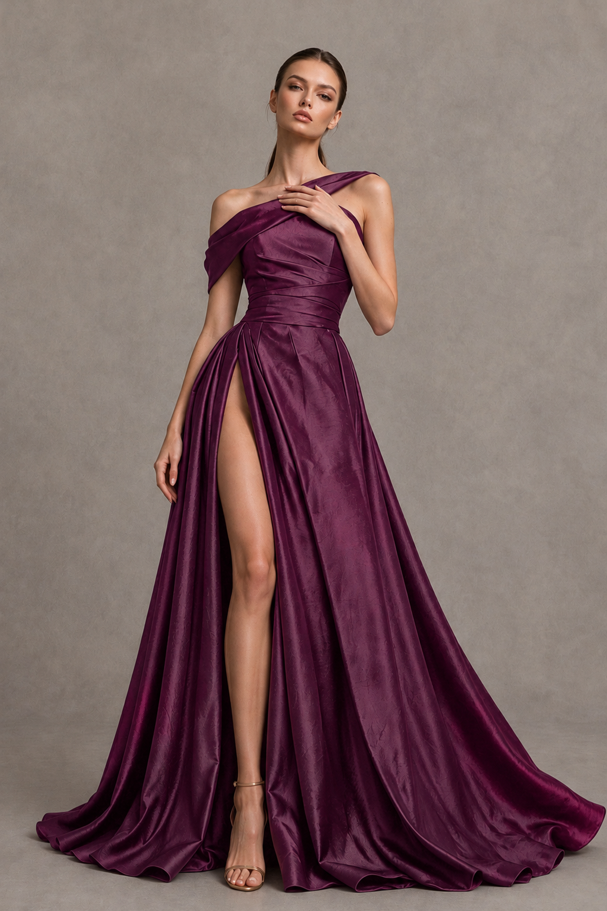 BOLODOO Plum Asymmetric Satin-Look A-Line Prom Dress with High Slit - Plum - Plum_3