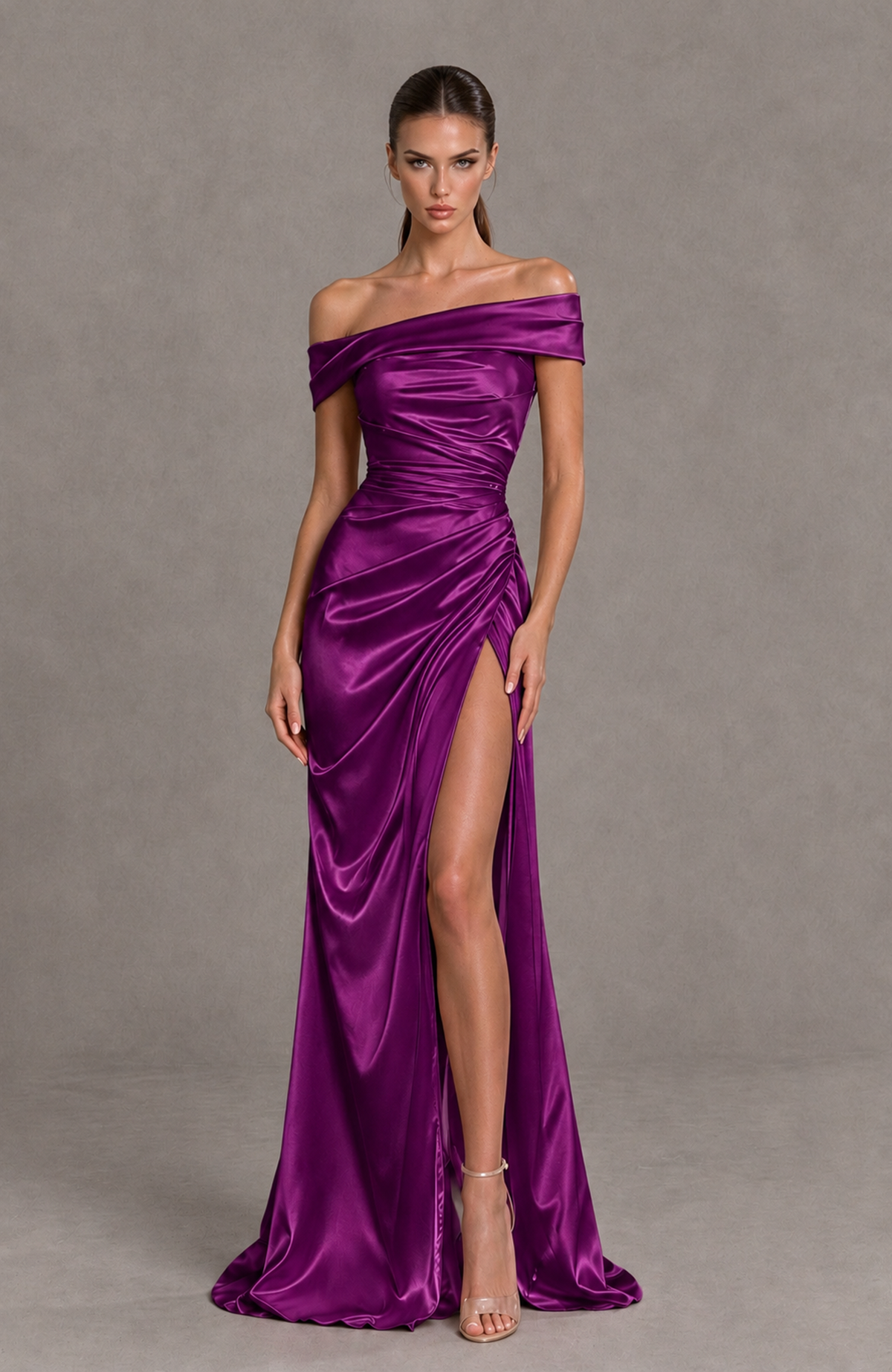 BOLODOO Plum Off-the-Shoulder Ruched Satin Prom & Evening Dress with High Slit - Plum - Plum_3