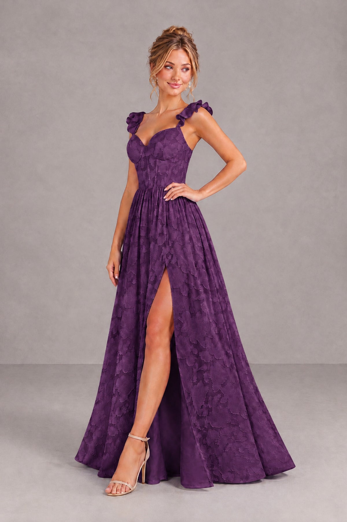 BOLODOO Plum Floral A-Line Bridesmaid Dress with Slit Ruffle Straps Maxi Gown - Plum - Plum_3