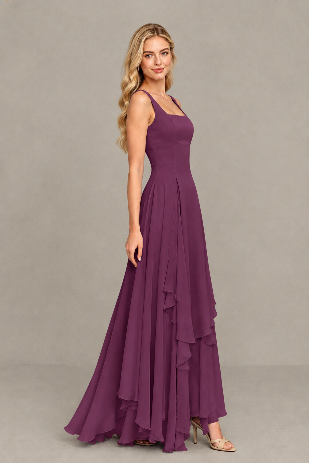 BOLODOO Plum Square Neck Chiffon Bridesmaid Dress with Lace-Up Back - Plum
