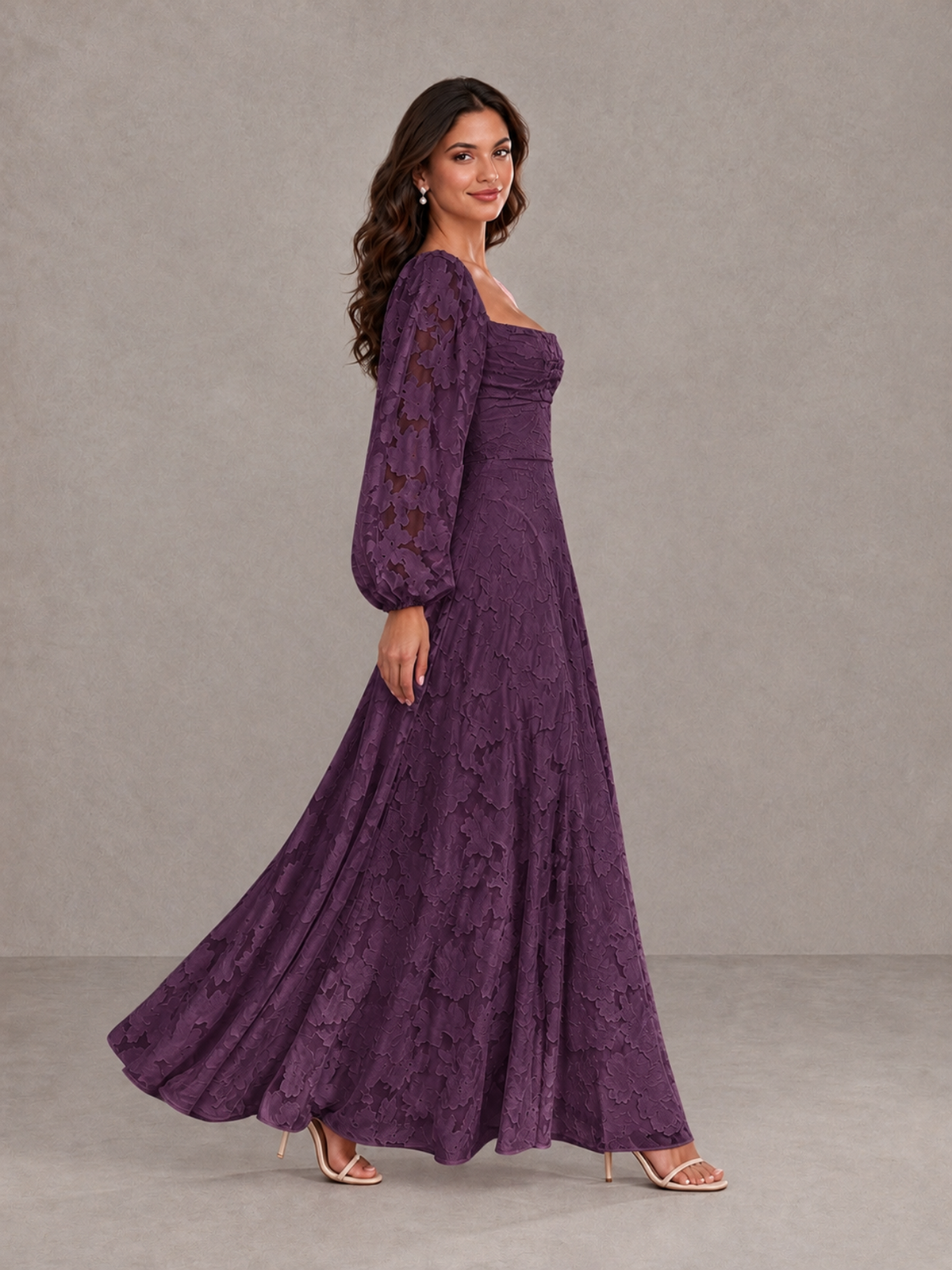 BOLODOO Plum Floral Long Sleeve A-Line Bridesmaid Dress - Plum - Plum_3