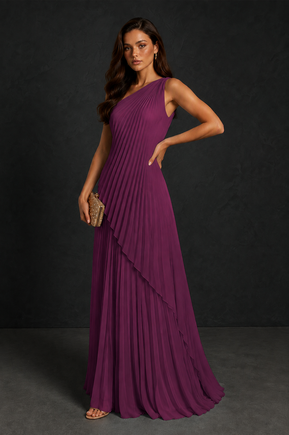 BOLODOO Plum One-Shoulder Sunburst Pleated Asymmetric Layered Overlay Accordion Pleated Chiffon Maxi Dress - Plum