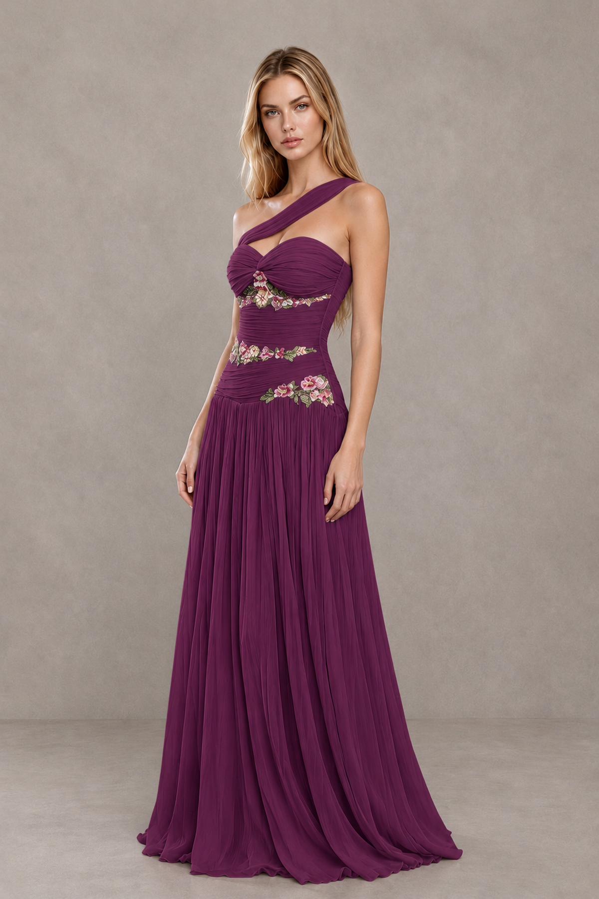BOLODOO Plum One-Shoulder Floral Applique A-Line Evening Dress - Plum - Plum_3