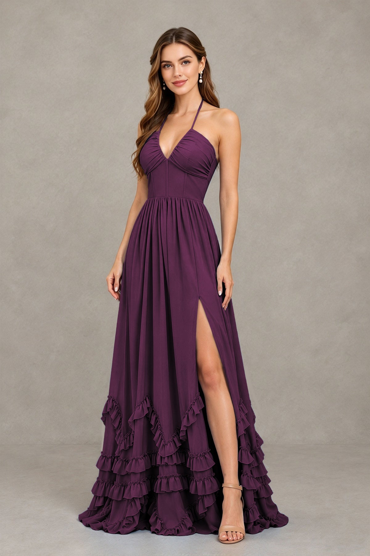 BOLODOO Plum Halter Ruffle Hem A-Line Bridesmaid Dress with High Slit - Plum - Plum(3)