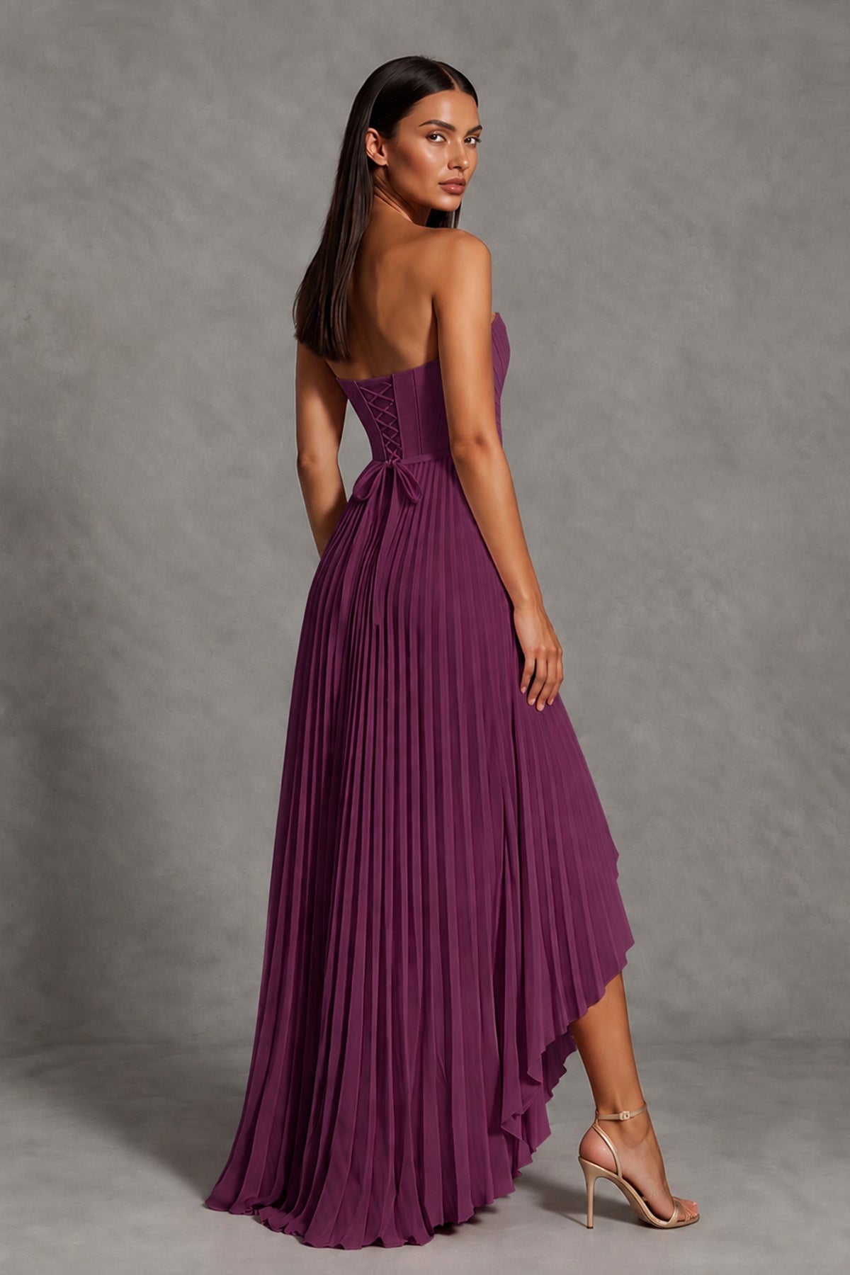Plum Strapless Pleated High-Low Evening Gown with Ruffle Hem - Plum