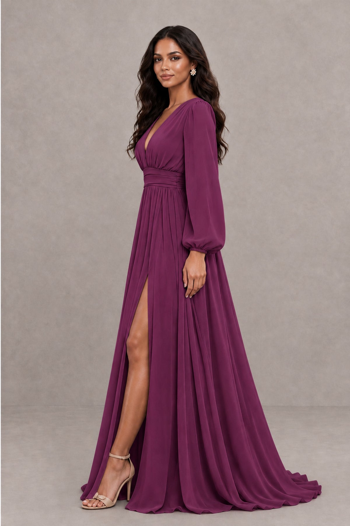 BOLODOO Plum Long Sleeve V-Neck A-Line Gown with Open Back & Slit - Plum - Plum_3