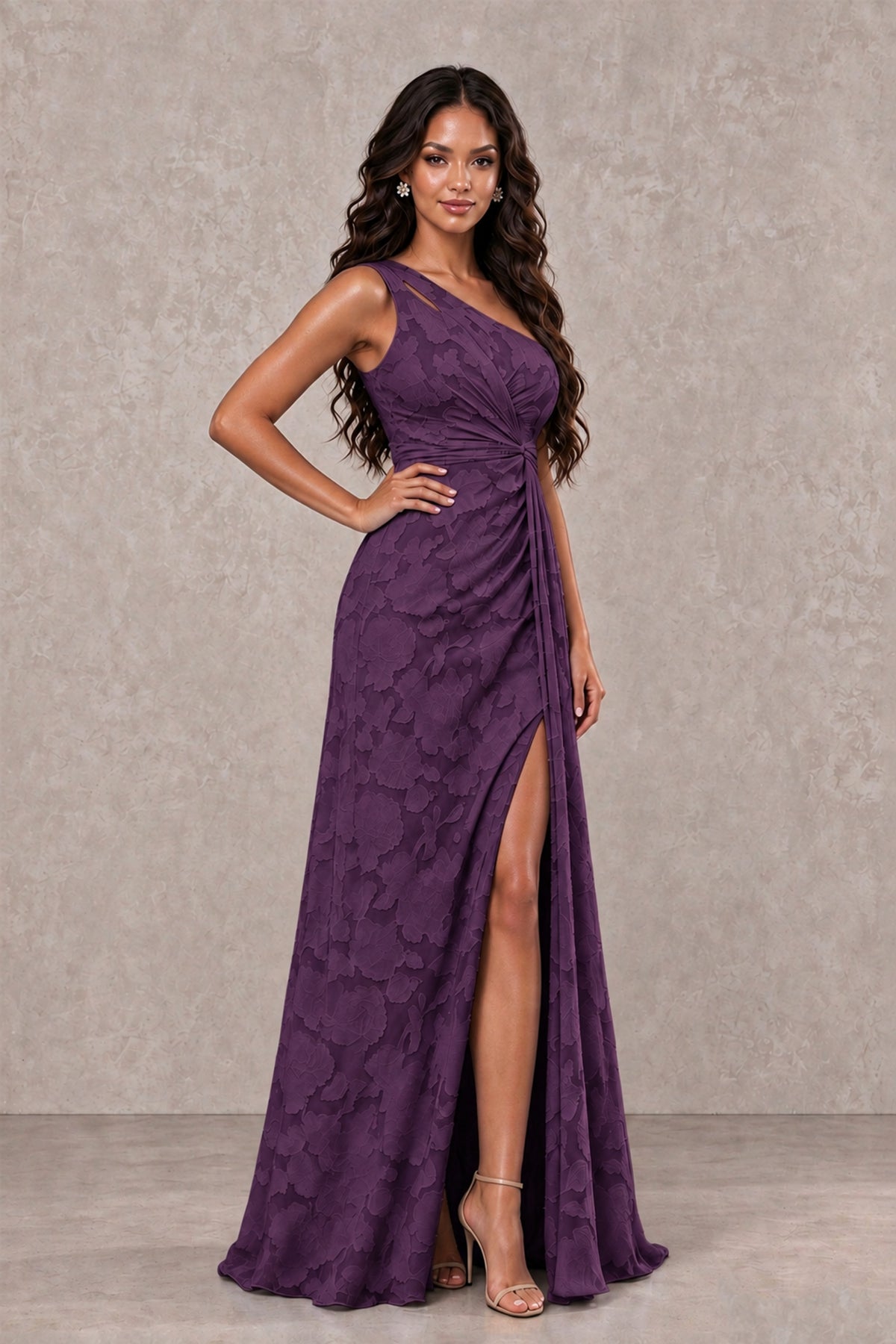 BOLODOO Plum One-Shoulder Floral Textured Maxi Dress with High Slit - Plum - Plum_3