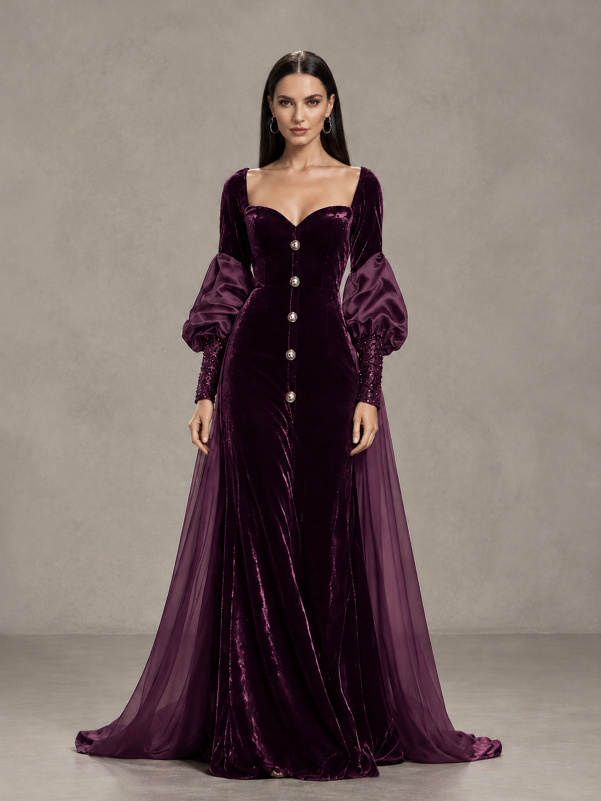 BOLODOO Plum Velvet Long Sleeve Open-Back Evening Gown - Plum - Plum_3