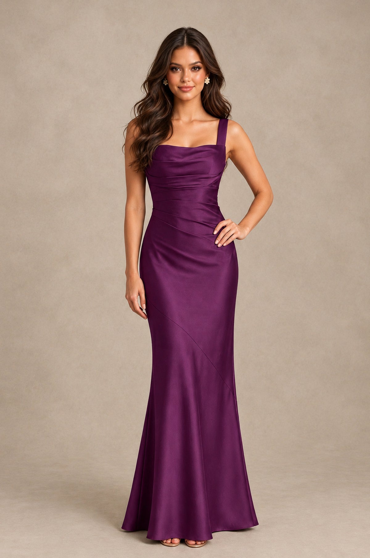 BOLODOO Plum Square Neck Ruched Satin Lace-Up Bridesmaid Dress - Plum - Plum_3