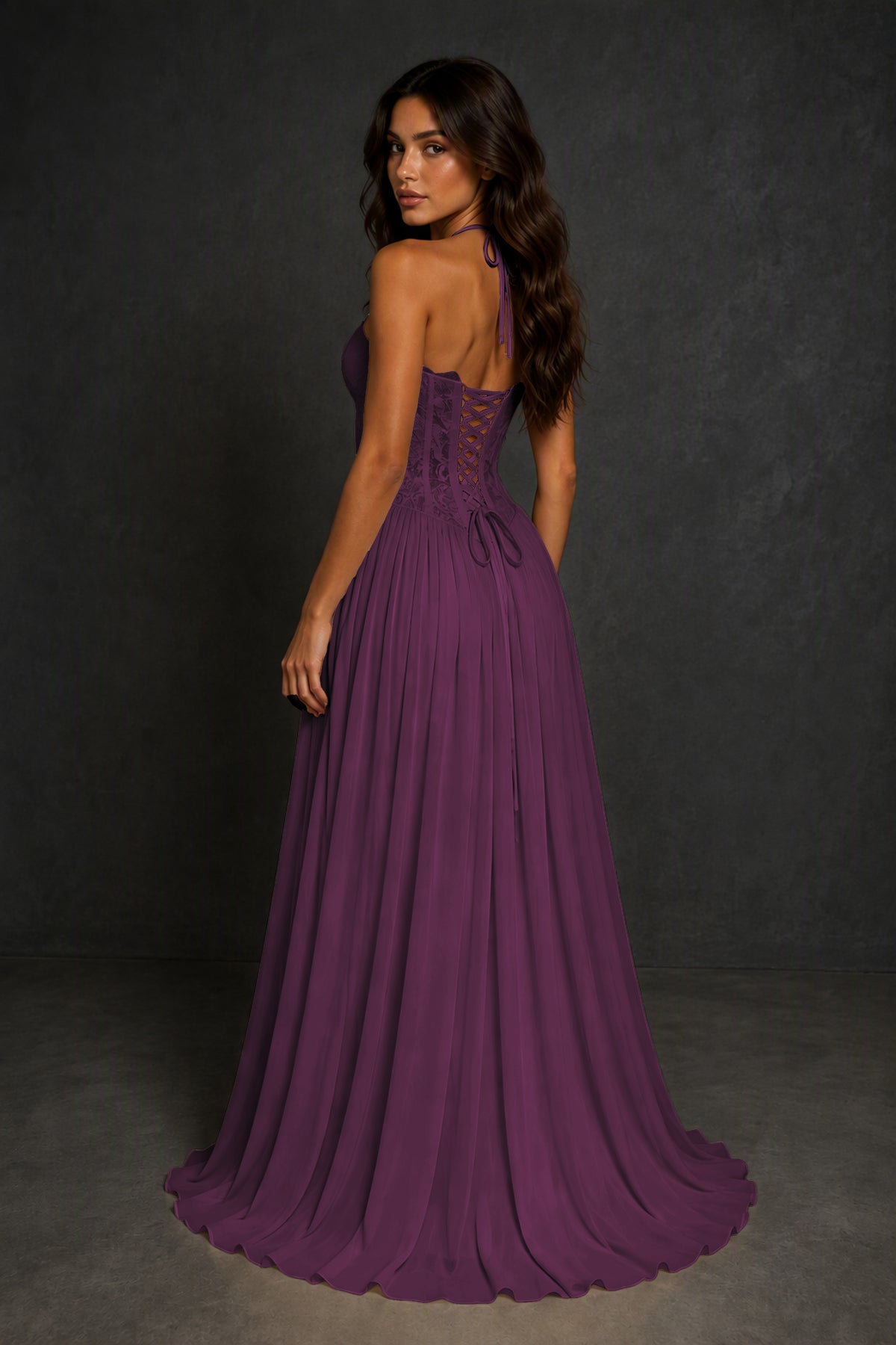 BOLODOO Plum Lace Corset Halter Maxi Gown – Backless A-Line Formal Dress - Plum