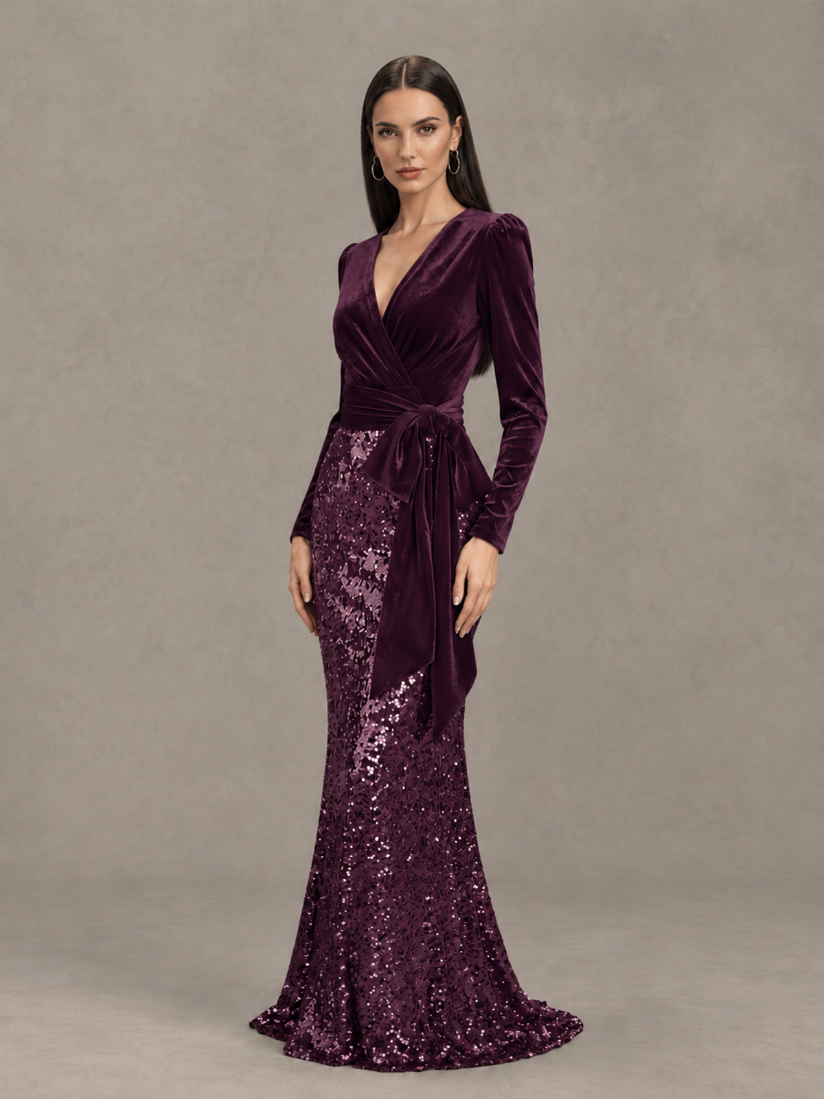 BOLODOO Plum Velvet & Sequin Long Sleeve V-Neck Mermaid Evening Gown - Plum - Plum_3