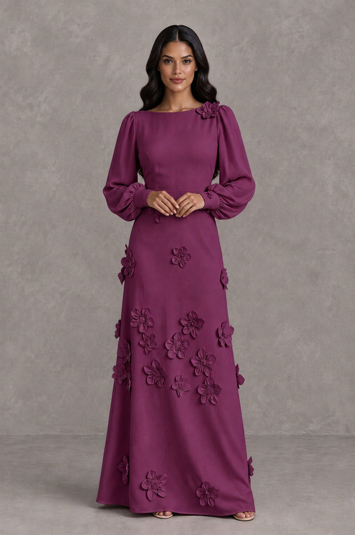 BOLODOO Plum Long Sleeve Floral Applique A-Line Evening Dress - Plum - Plum_3